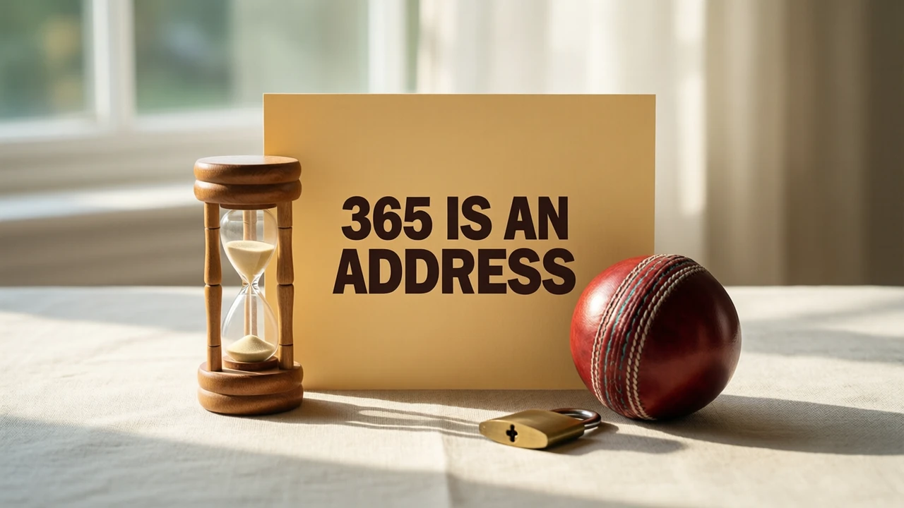 A flat matte card standing upright on a pale sand-coloured linen tablecloth in soft window light, facing the lens and printed with the single line 365 IS AN ADDRESS in heavy dark brown type, a small wooden hourglass with pale sand beside it and a red leather cricket ball lying in front of the card.