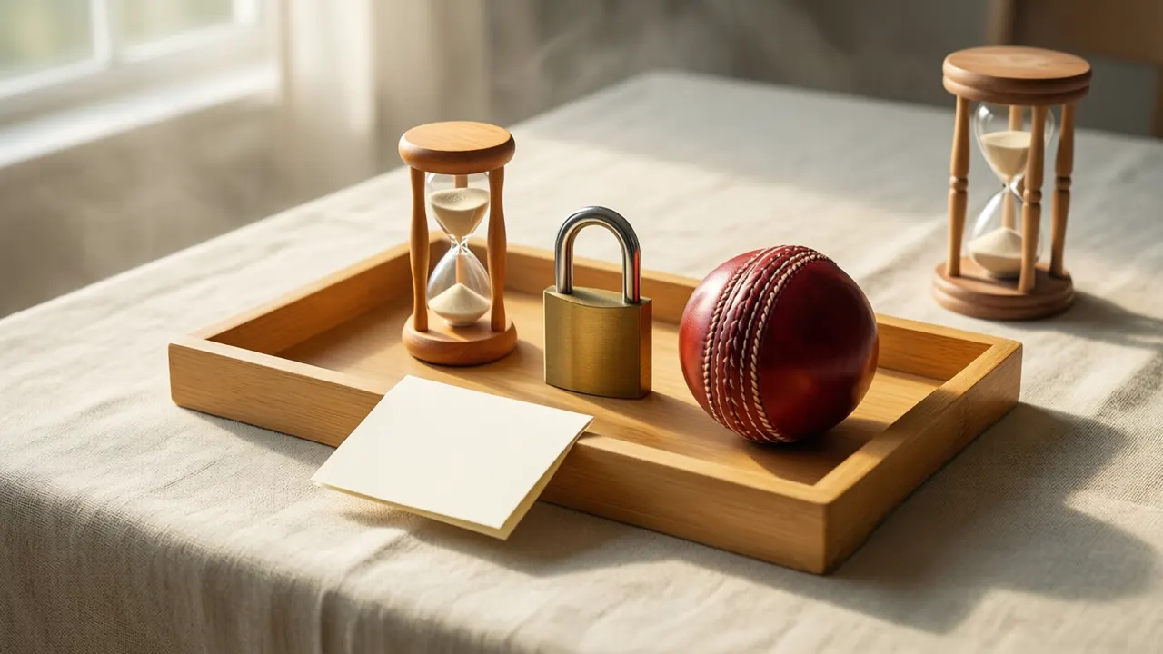 A shallow wooden tray on a pale sand-coloured linen tablecloth in soft window light holding three plain objects in a row with even gaps, a small wooden hourglass, a closed brass padlock and a red leather cricket ball, a folded blank paper note tucked under the tray's edge.