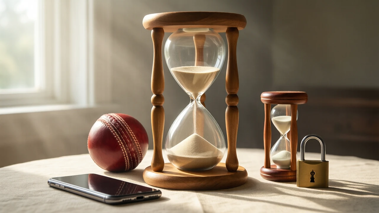A large wooden hourglass filling most of the frame on a pale sand-coloured linen tablecloth, the upper glass nearly empty and a neat cone of pale sand in the lower glass, soft morning light from a window on the left, and a smartphone lying face down beside its base.