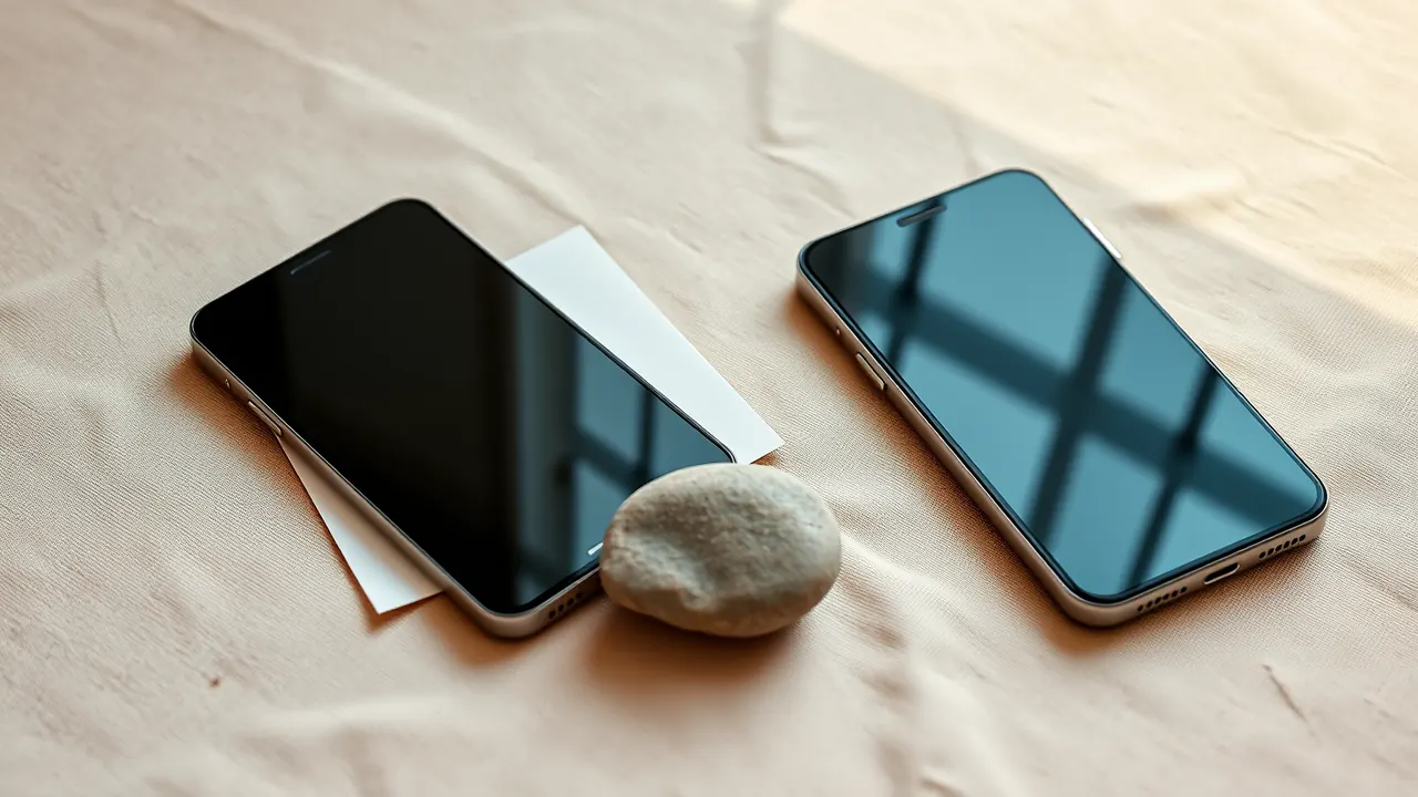 Two smartphones lying face up side by side on a pale sand-coloured linen tablecloth in soft window light, both screens dark and blank, a smooth flat pebble of pale grey stone lying between them and a folded blank paper note under the left phone.