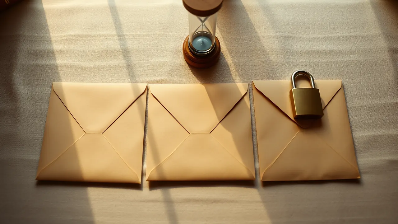 Three plain paper envelopes lying side by side on a pale sand-coloured linen tablecloth in soft window light, each sealed and unmarked, a small wooden hourglass standing above the middle envelope and a brass magnifying loupe resting on the right one.