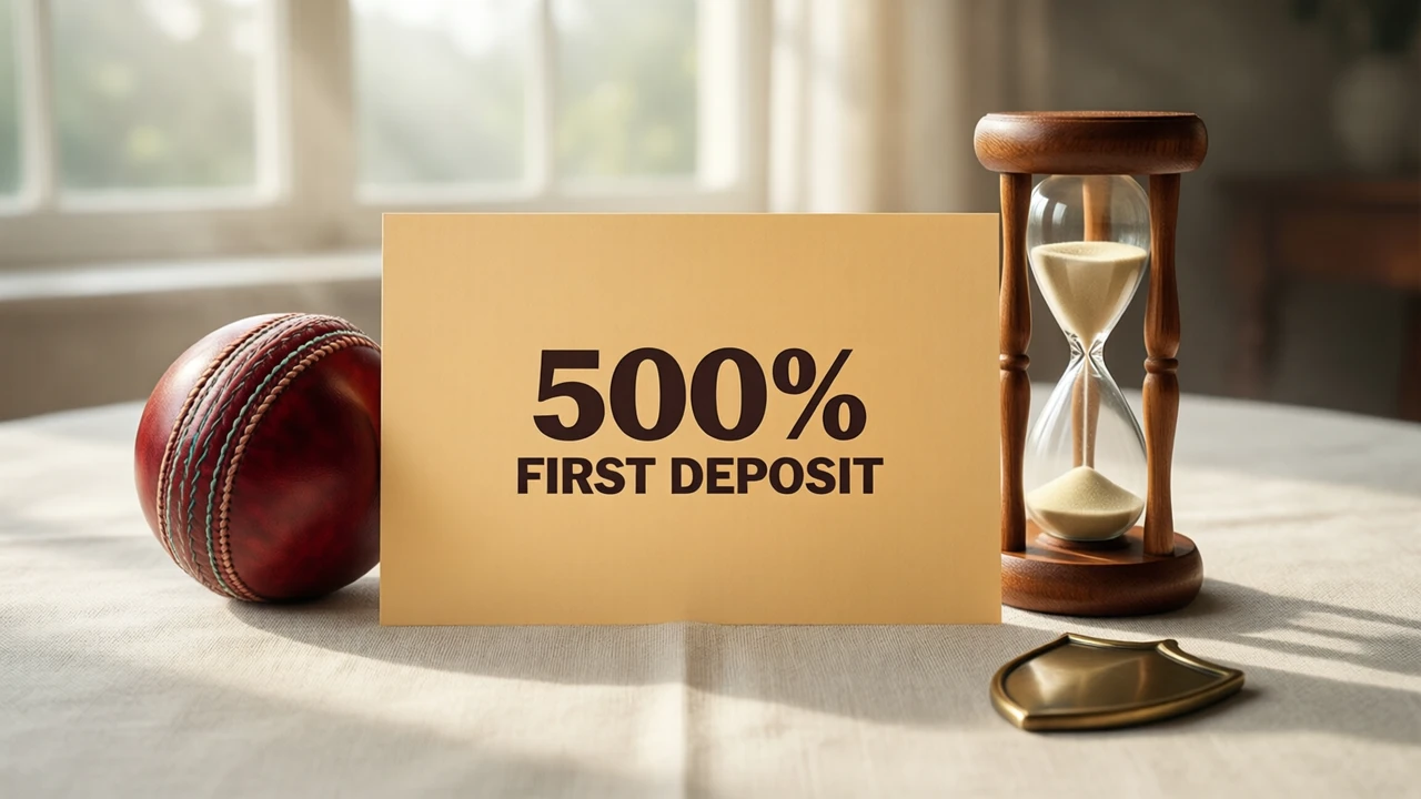 A flat matte card lying on a pale sand-coloured linen tablecloth facing the lens, printed with the single line 500% FIRST DEPOSIT in heavy dark brown type, a small wooden hourglass standing to its right and a red leather cricket ball resting to its left, soft morning light from a window.