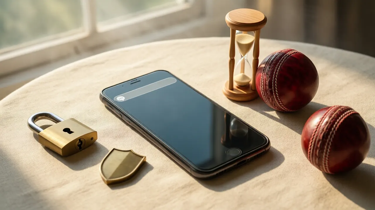 A smartphone lying face up on a pale sand-coloured linen tablecloth in soft morning window light, its dark glass face lit by a single smooth pale grey strip near the top edge with one small round speech-bubble icon at its left end, a small wooden hourglass with pale sand standing beside the phone, and a red leather cricket ball resting next to the hourglass.