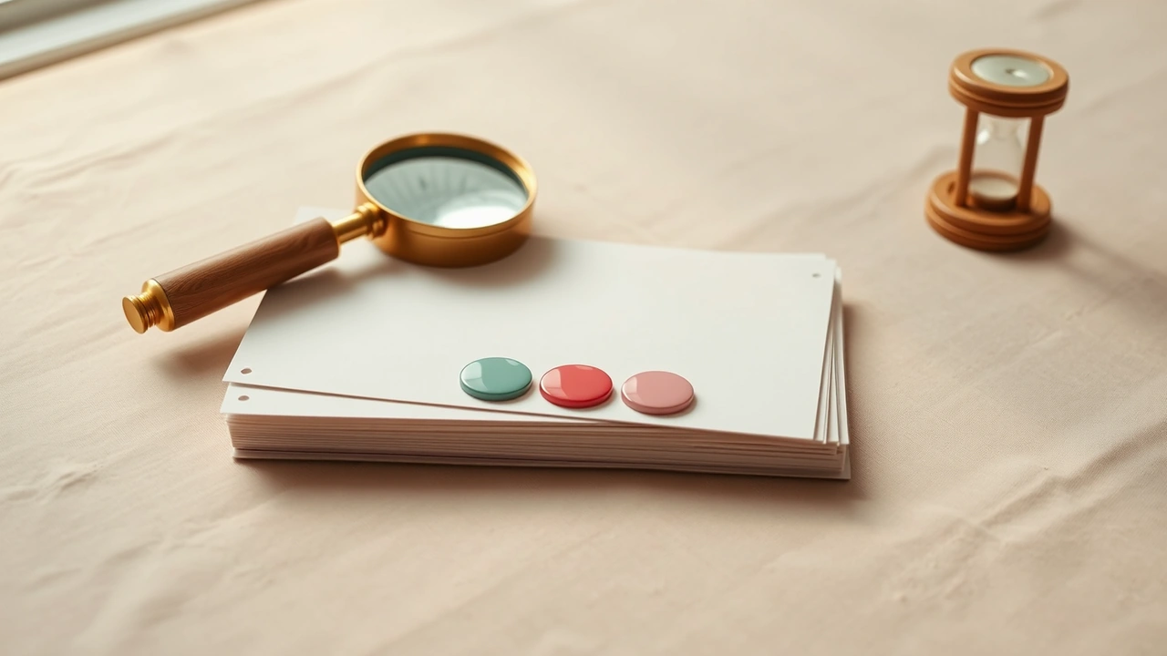A brass magnifying loupe resting on a neat stack of blank paper sheets on a pale sand-coloured linen tablecloth in soft window light, three flat glossy enamel discs in sage green and rose pink laid in a short row beside the stack with small gaps between them.