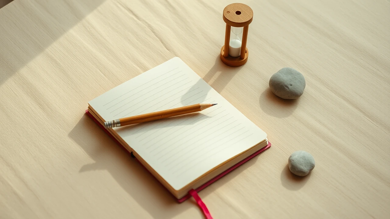 An open pocket notebook lying on a pale sand-coloured linen tablecloth in soft window light, its ruled page empty, a pencil across it and a small wooden hourglass standing at the notebook's top edge with a thin stream of pale sand falling, nothing else on the plain cloth around them.